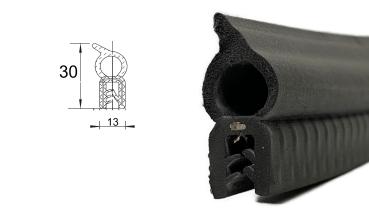 EPDM-Dichtungsprofil mit Dichtungsschlauch und Fahne schräg, Klemmbereich 1,5-4mm, 30x13mm