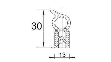 EPDM-Dichtungsprofil mit Dichtungsschlauch und Fahne schräg, Klemmbereich 1,5-4mm, 30x13mm