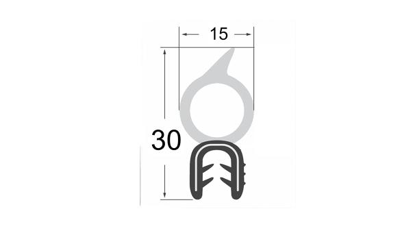 EPDM-Dichtungsprofil mit Dichtungsschlauch und Fahne, Klemmbereich 1-2,5mm, 30x15mm